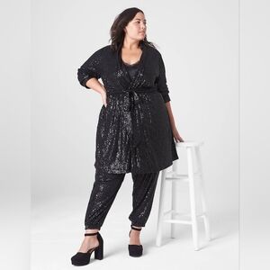 LANE BRYANT Black Sequin Set Open Front Cardigan-pull On Jogger....Size:18